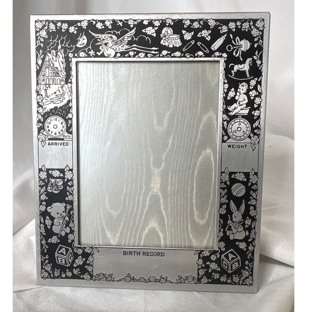 Vintage Silver Birth Record Photo Frame Nursery Keepsake Stork Teddy Bear 5x7